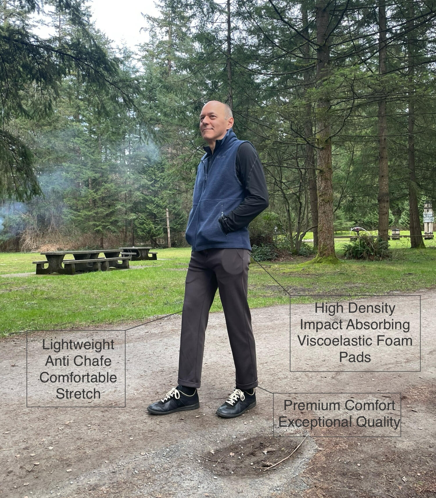 AssureWear hip protective pants worn on exercising senior Senior man smiling wearing AssureWear pants while exercising